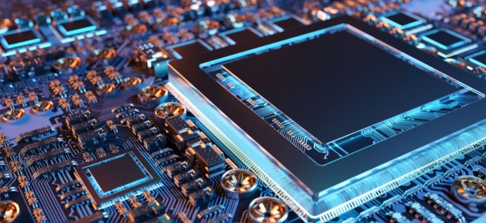 Mikrochip mit blauen Beleuchtungen.