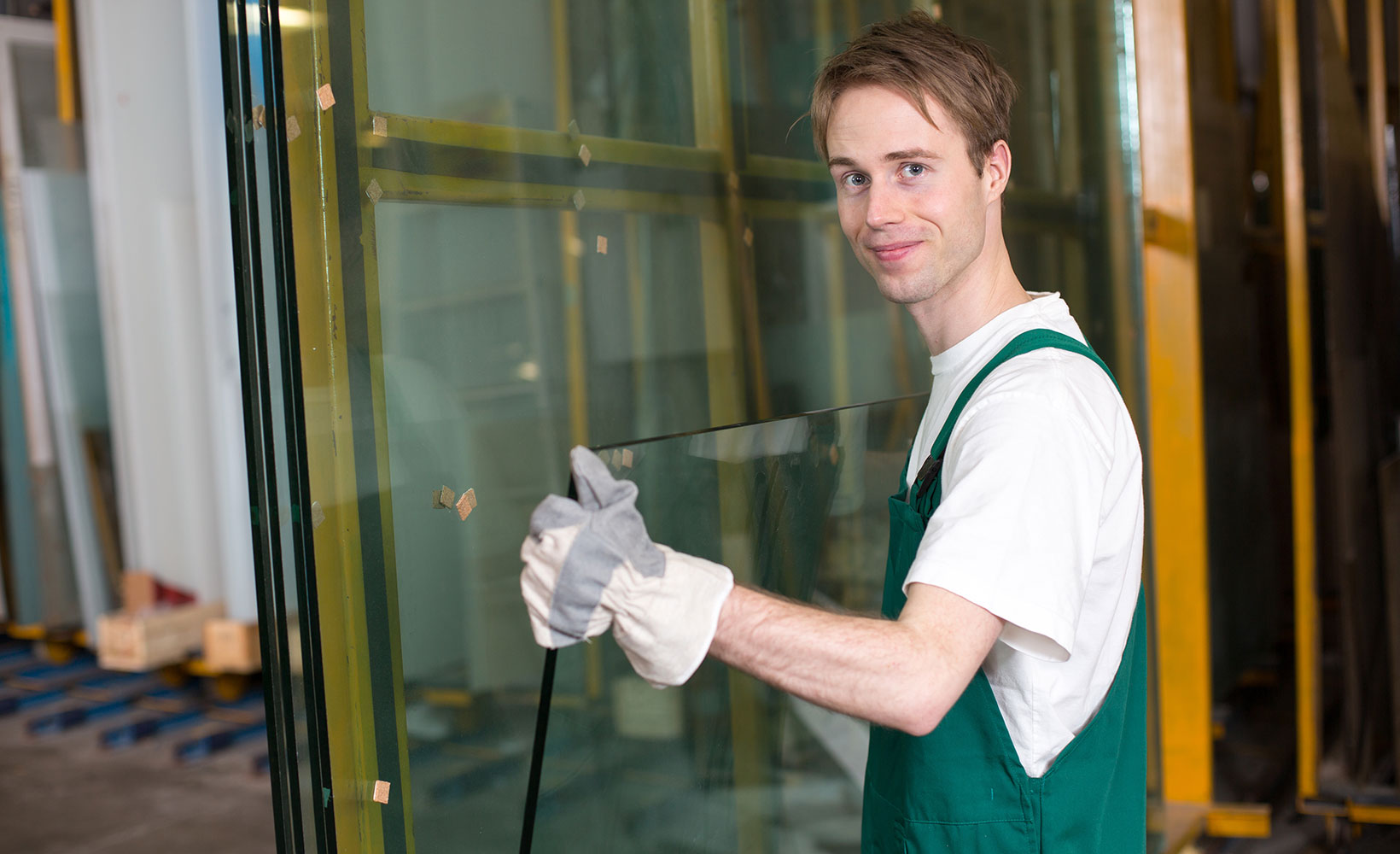 Verfahrensmechaniker für Glastechnik hält eine Glasplatte in der Hand und lächelt in die Kamera.