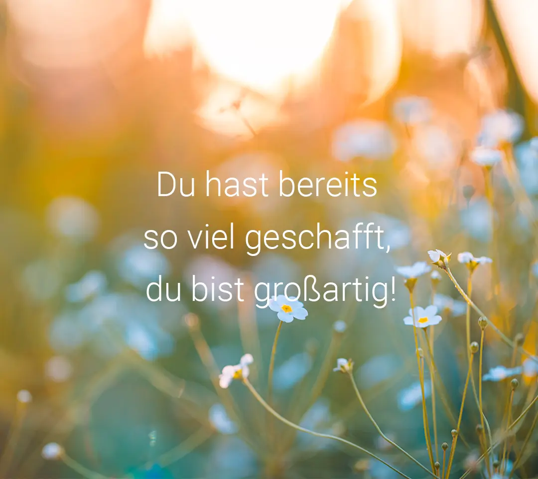 Blumenwiese mit schönem Lenz Flair. Weißer Text: Du hast bereits so viel geschafft, du bist großartig.