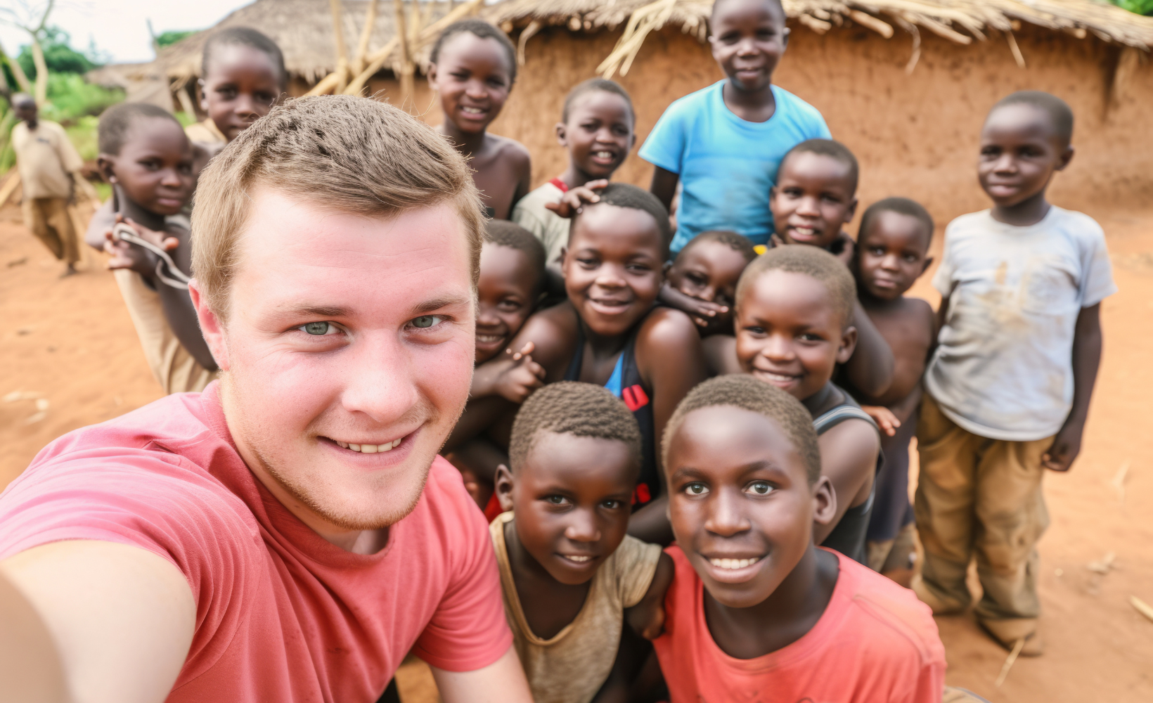 Männlicher Freiwilliger posiert mit Kindern für Selfies in einem afrikanischen Dorf. Wohltätige Hilfe für Kinder in Not