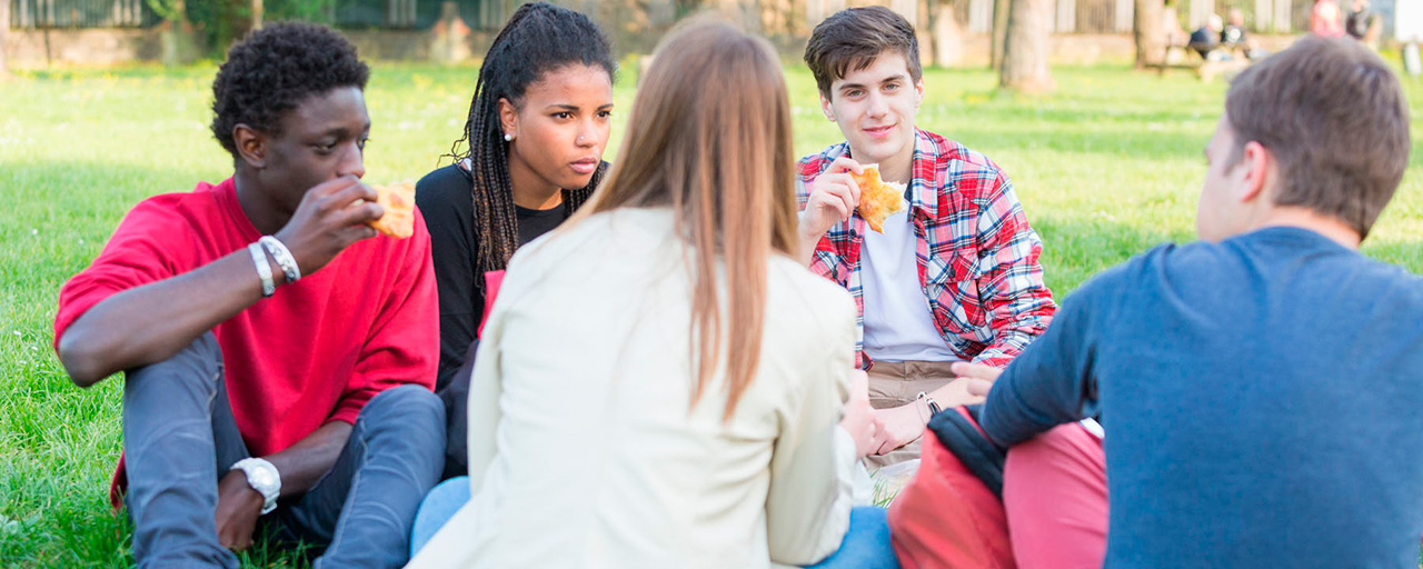 Eine Gruppe von Teenagern, die gemeinsam picknicken.