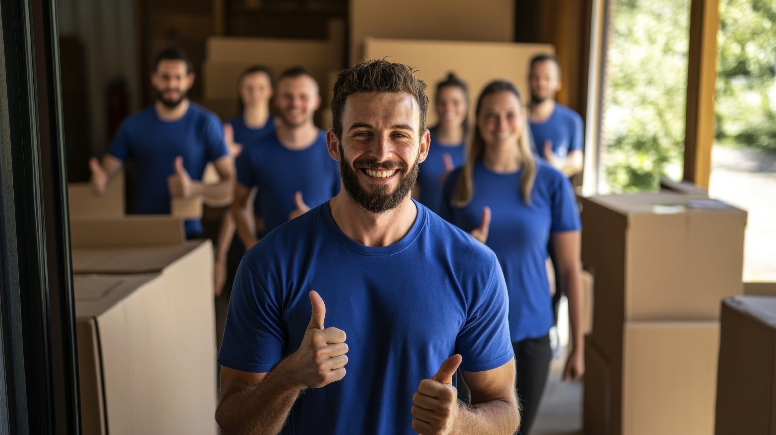 Group of cheerful movers clad in matching blue shirts displaying thumbs up while standing among numerous cardboard boxes ready for relocation.
