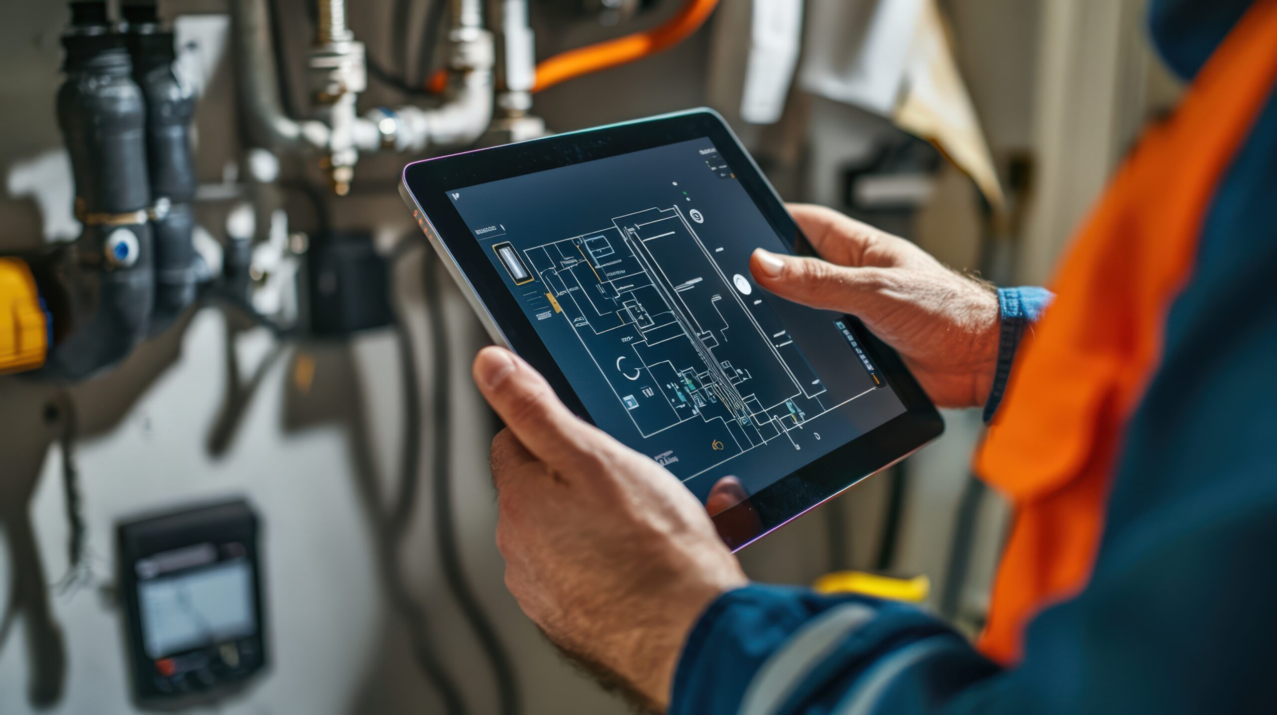 A man is holding a tablet and looking at a drawing of a building. He is wearing an orange safety vest