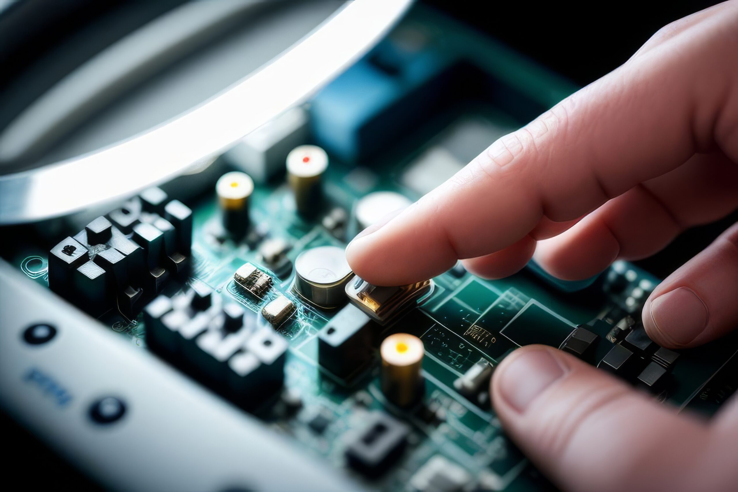 Un técnico electrónico reparando un circuito integrado, servicio técnico, reparación, componentes