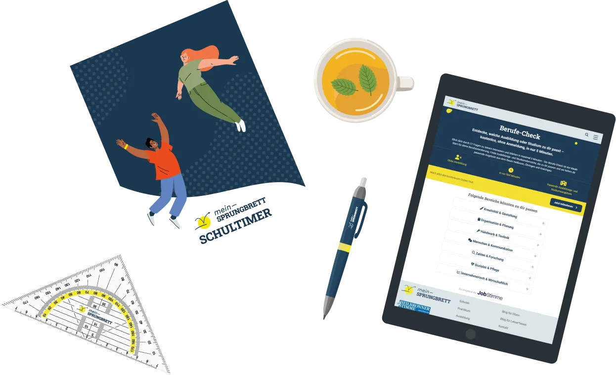 Illustration vom Buch Schultimer, Kaffetasse und Tablet
